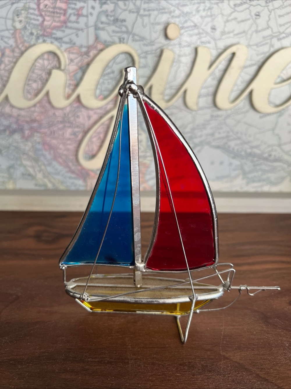 Stained Glass Sailboat Décor - Blue, Red & Yellow
